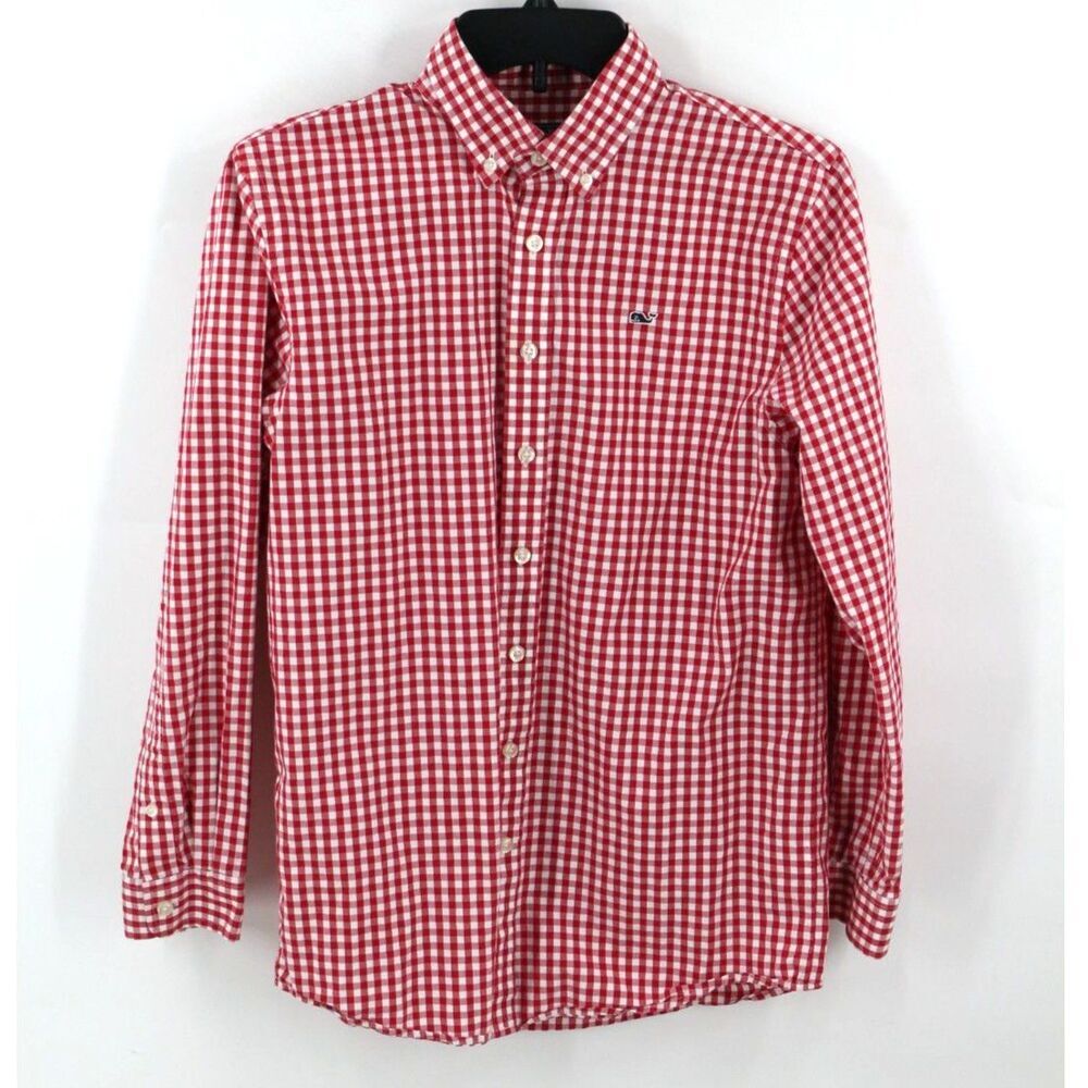 Vineyard Vines Boys Gingham Plaid Red and White Button Up Size Large (16)